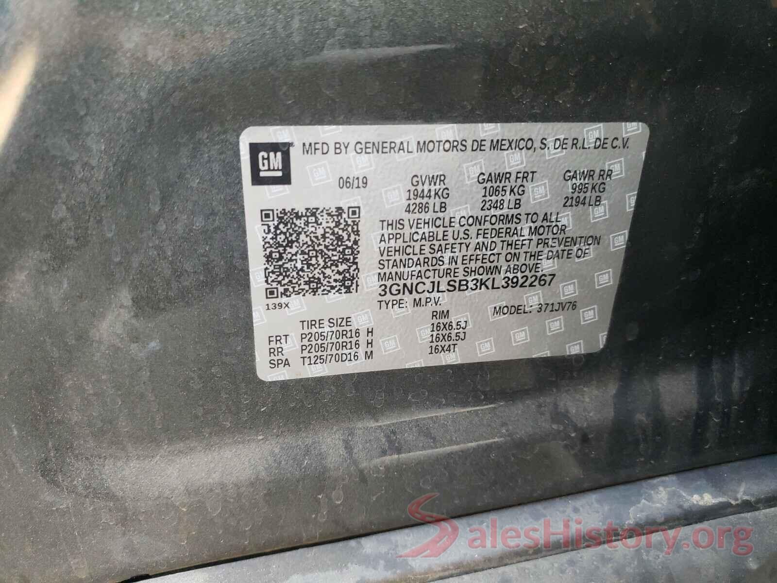 3GNCJLSB3KL392267 2019 CHEVROLET TRAX