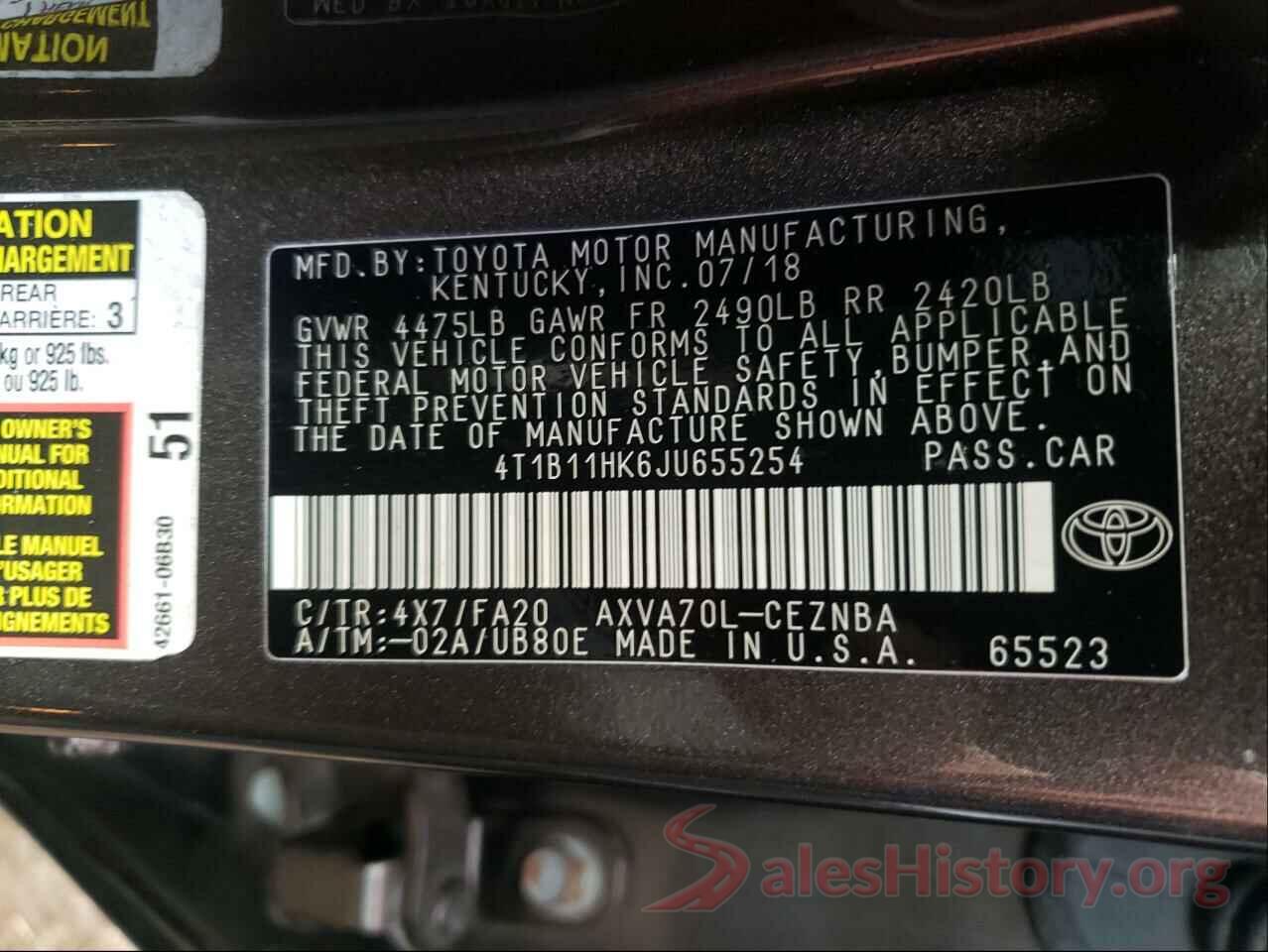 4T1B11HK6JU655254 2018 TOYOTA CAMRY