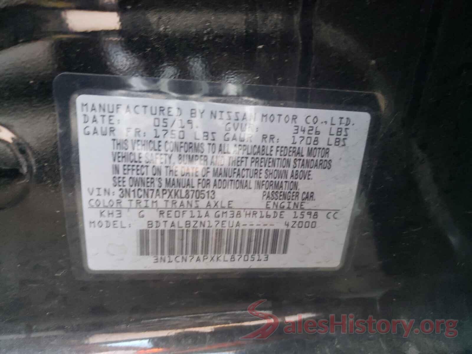 3N1CN7APXKL870513 2019 NISSAN VERSA