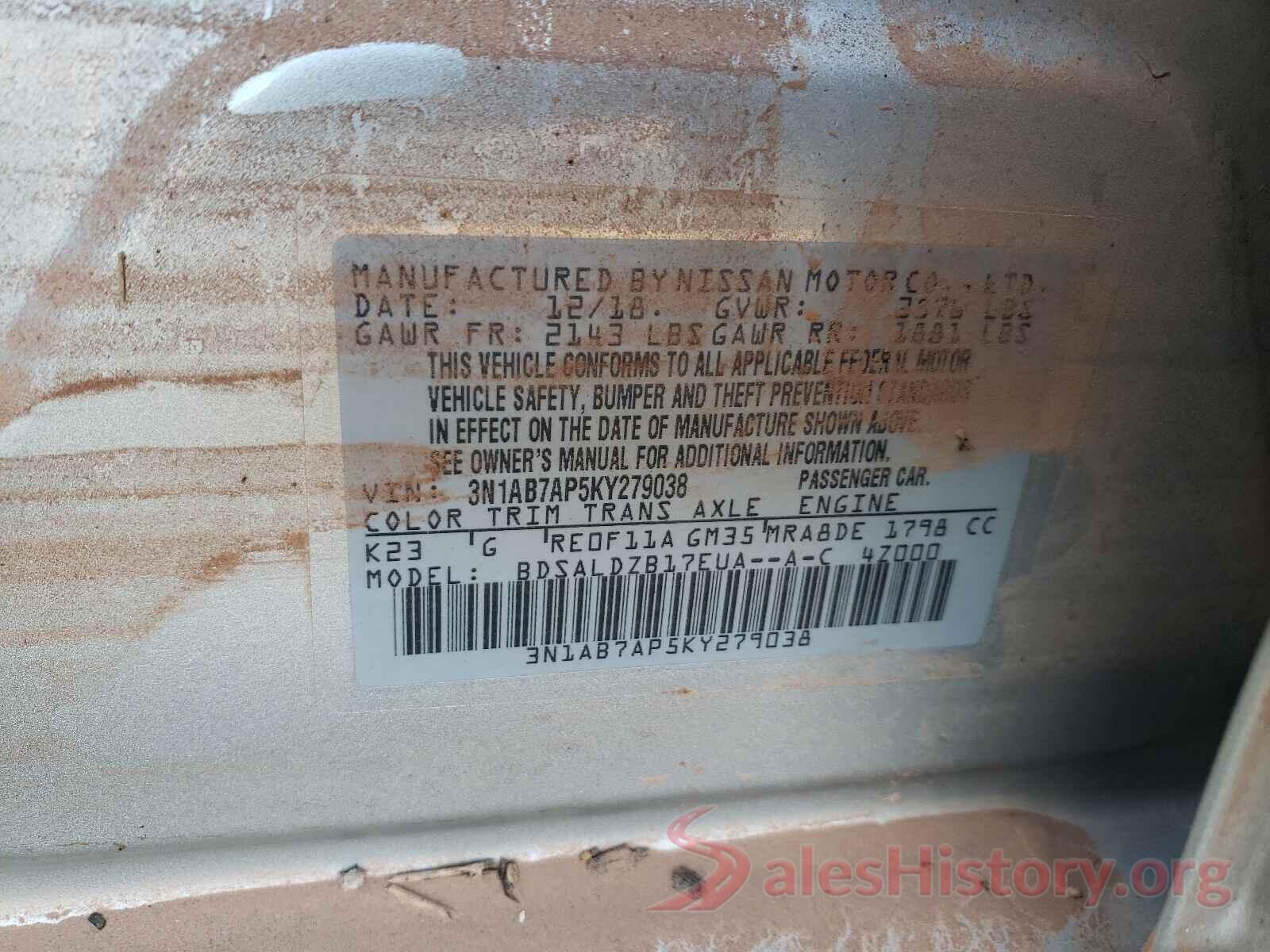 3N1AB7AP5KY279038 2019 NISSAN SENTRA