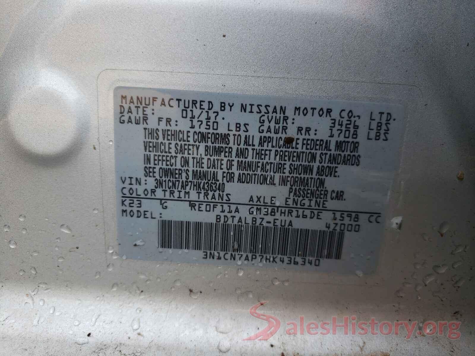 3N1CN7AP7HK436340 2017 NISSAN VERSA