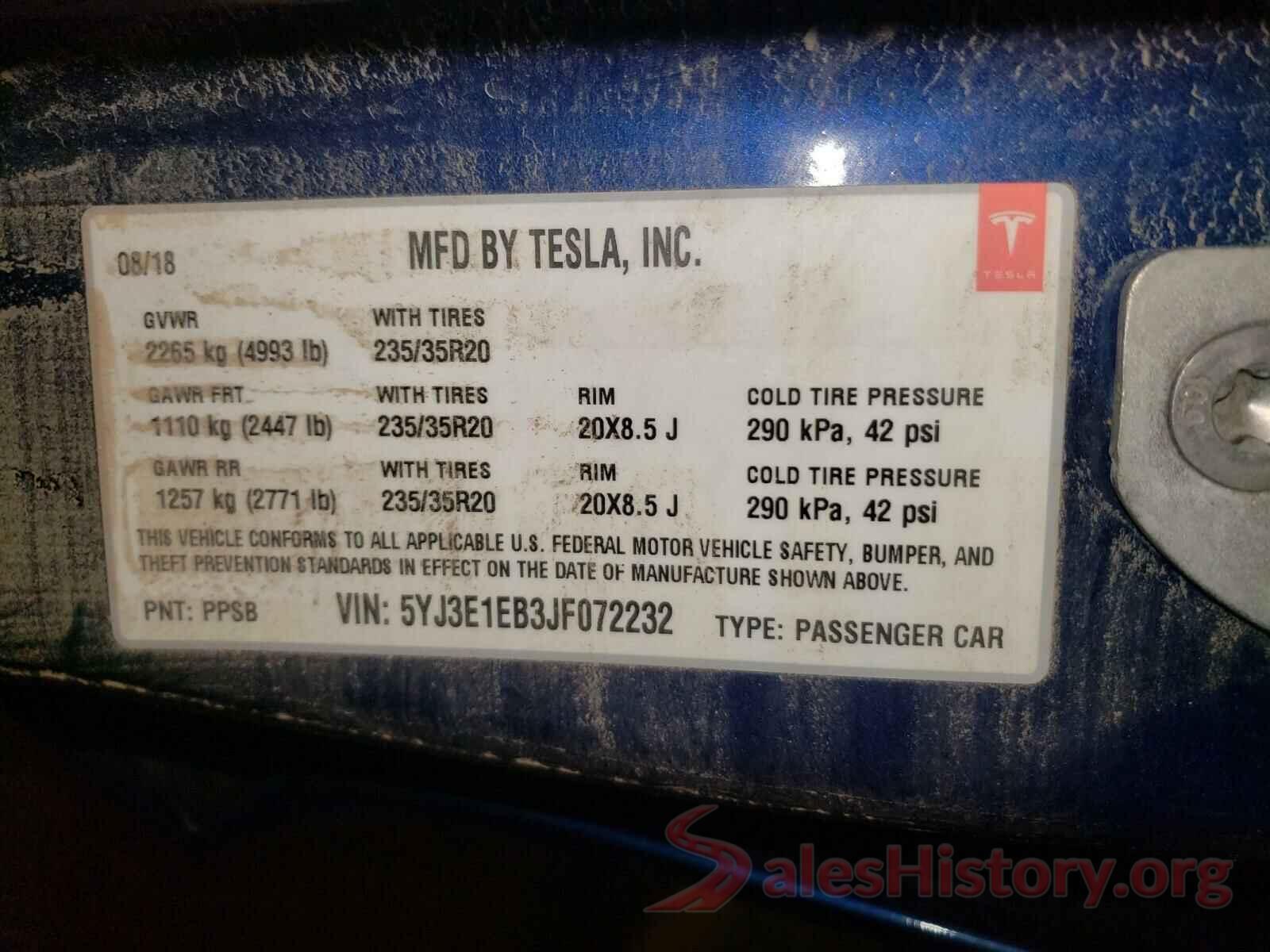 5YJ3E1EB3JF072232 2018 TESLA MODEL 3