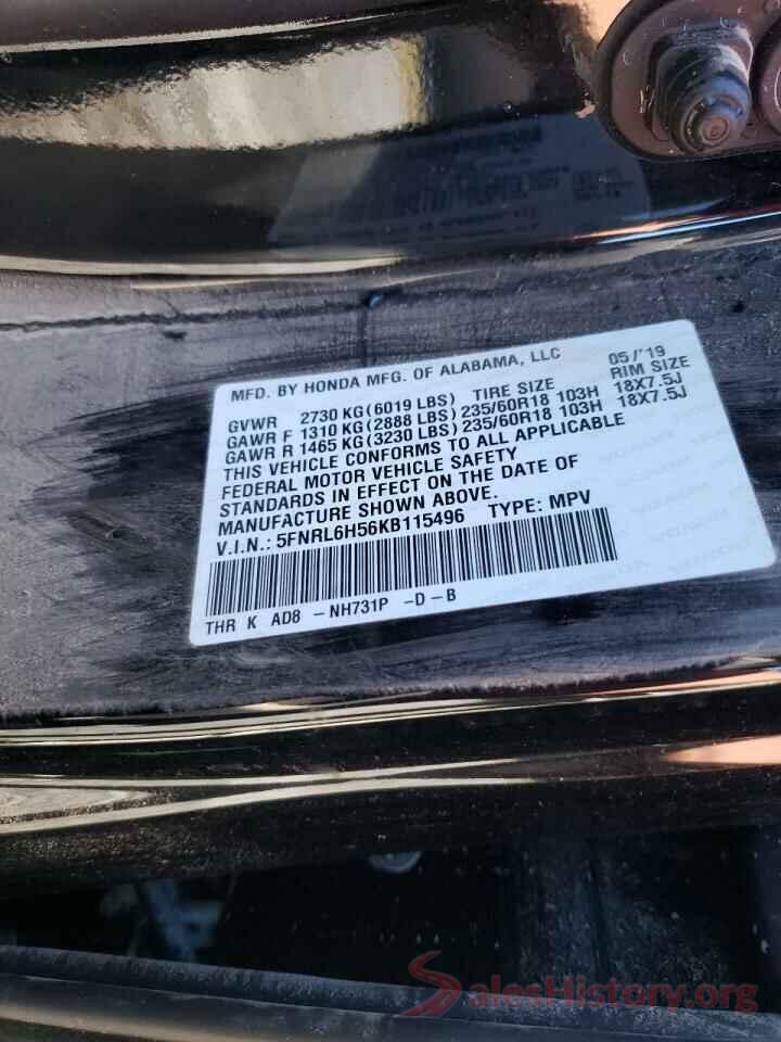 5FNRL6H56KB115496 2019 HONDA ODYSSEY