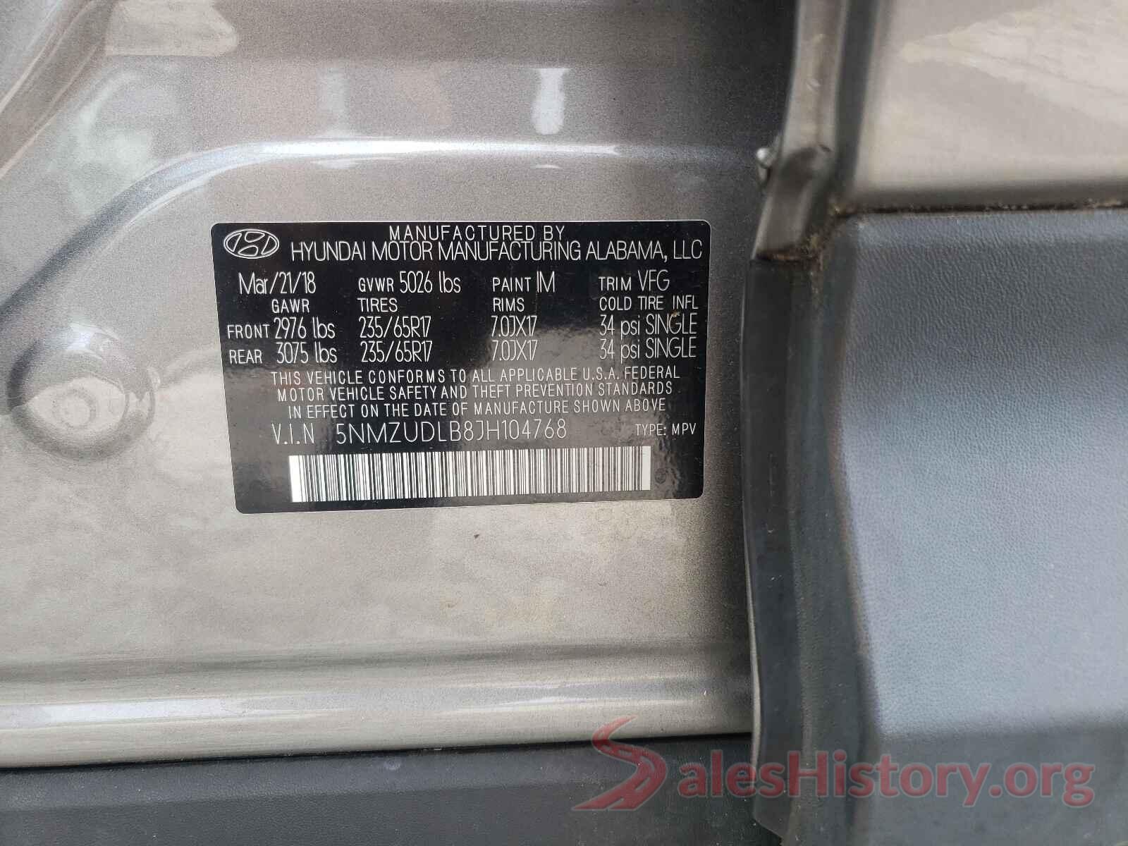 5NMZUDLB8JH104768 2018 HYUNDAI SANTA FE