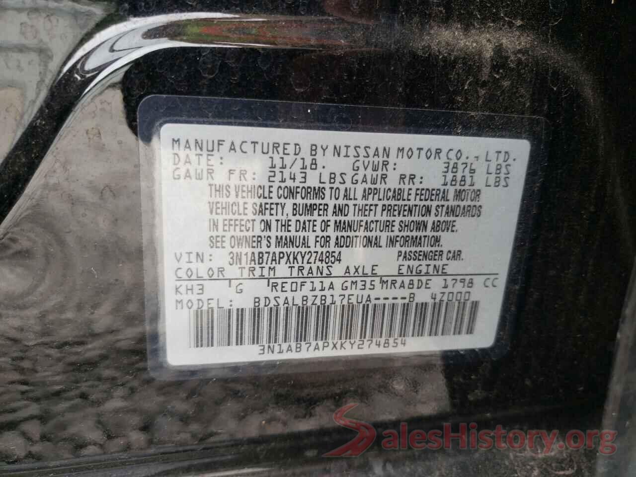 3N1AB7APXKY274854 2019 NISSAN SENTRA