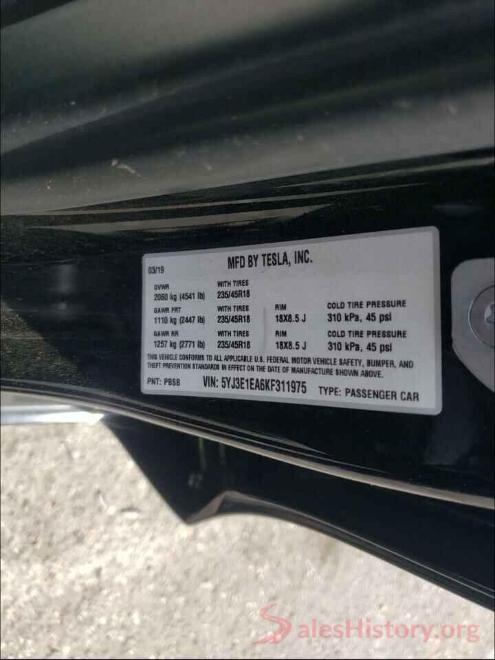 5YJ3E1EA6KF311975 2019 TESLA MODEL 3