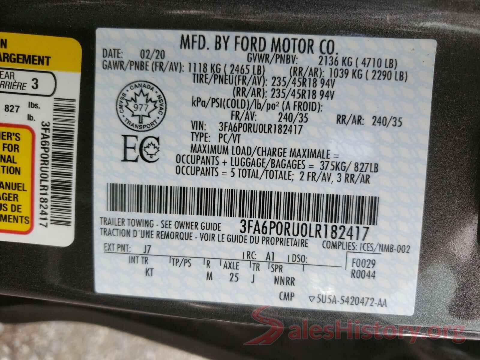 3FA6P0RU0LR182417 2020 FORD FUSION