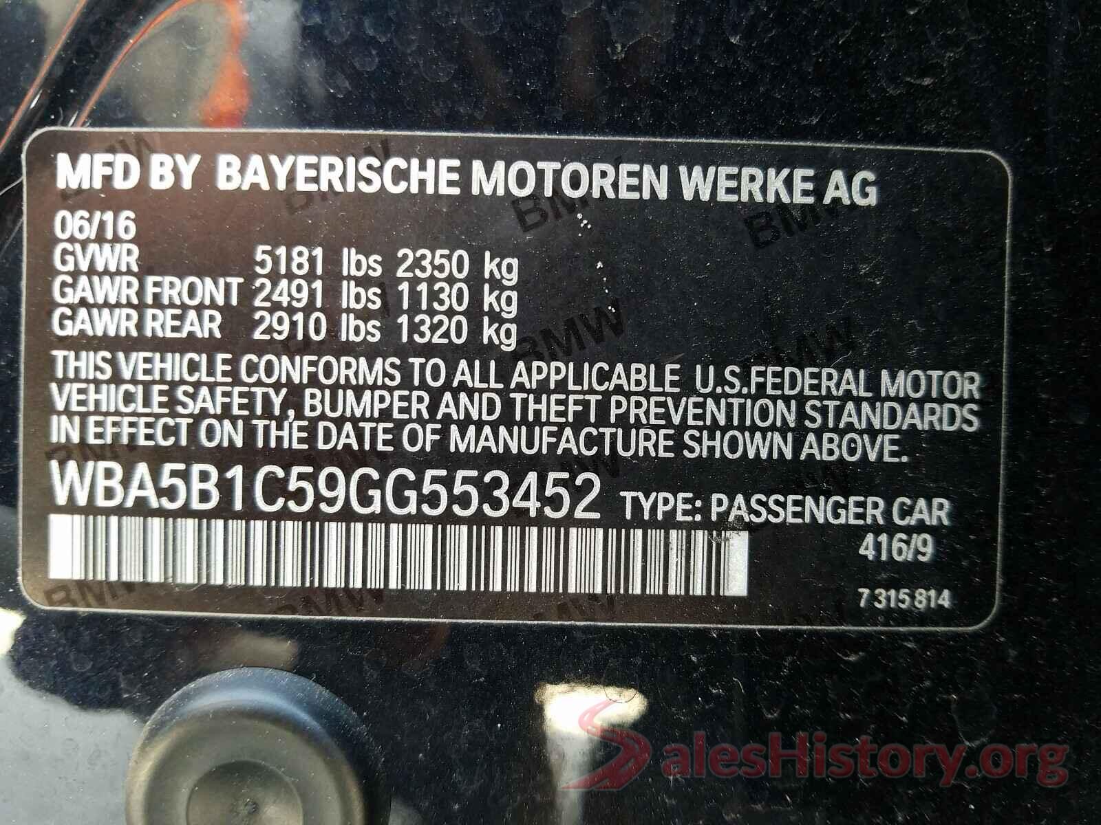 WBA5B1C59GG553452 2016 BMW 5 SERIES