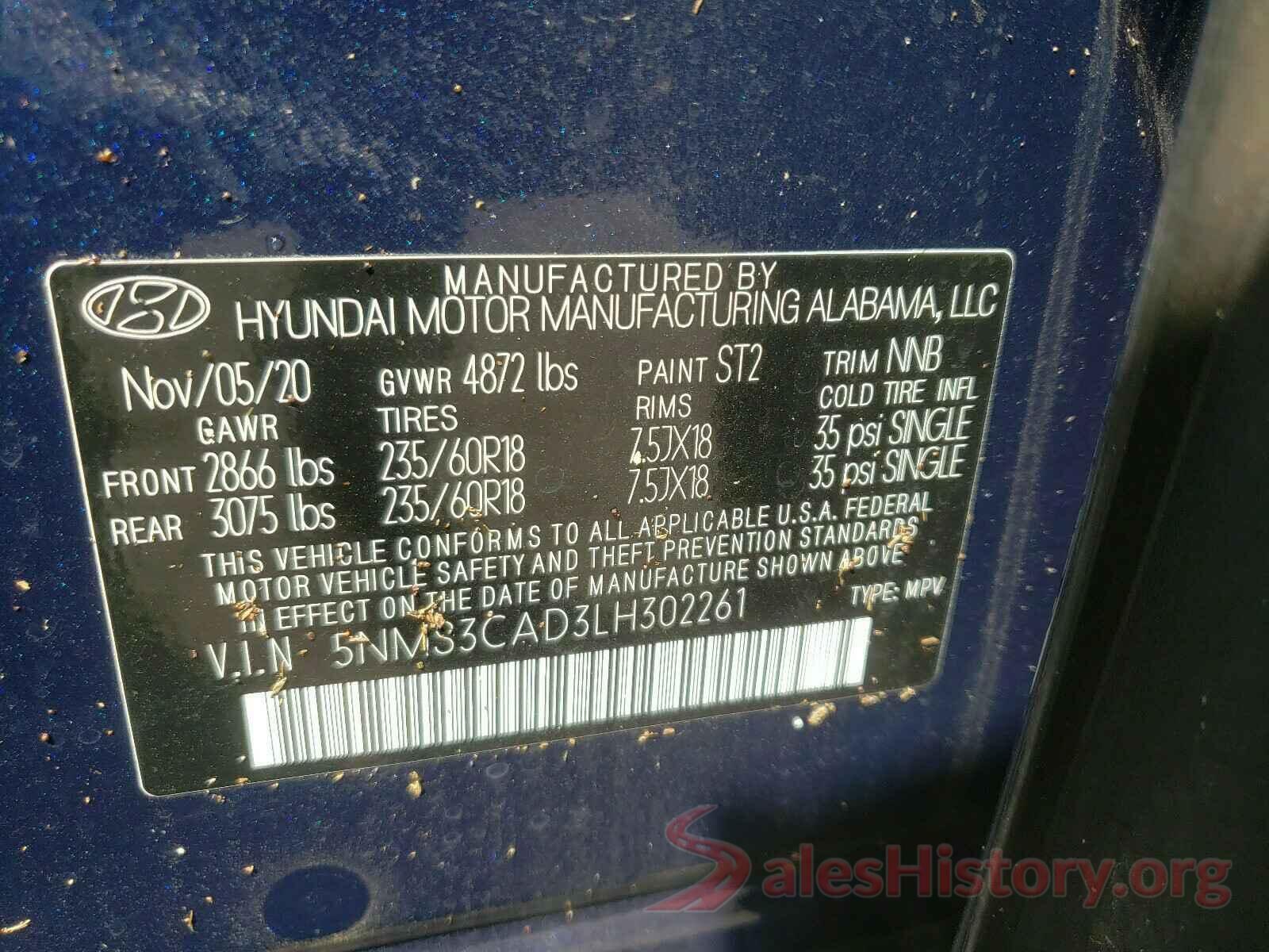 5NMS3CAD3LH302261 2020 HYUNDAI SANTA FE