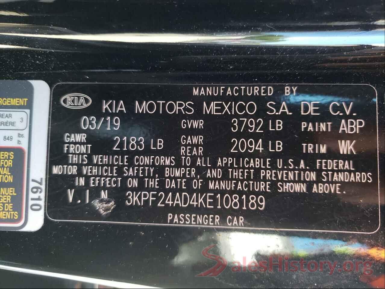 3KPF24AD4KE108189 2019 KIA FORTE