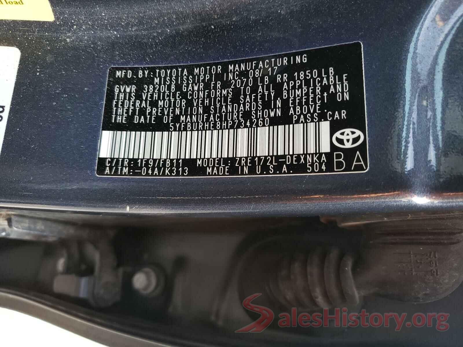 5YFBURHE8HP734260 2017 TOYOTA COROLLA