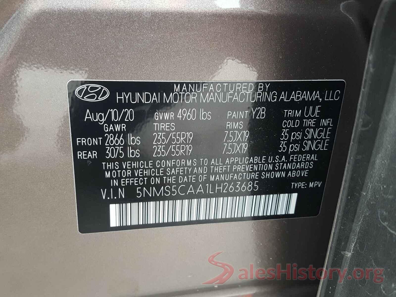 5NMS5CAA1LH263685 2020 HYUNDAI SANTA FE