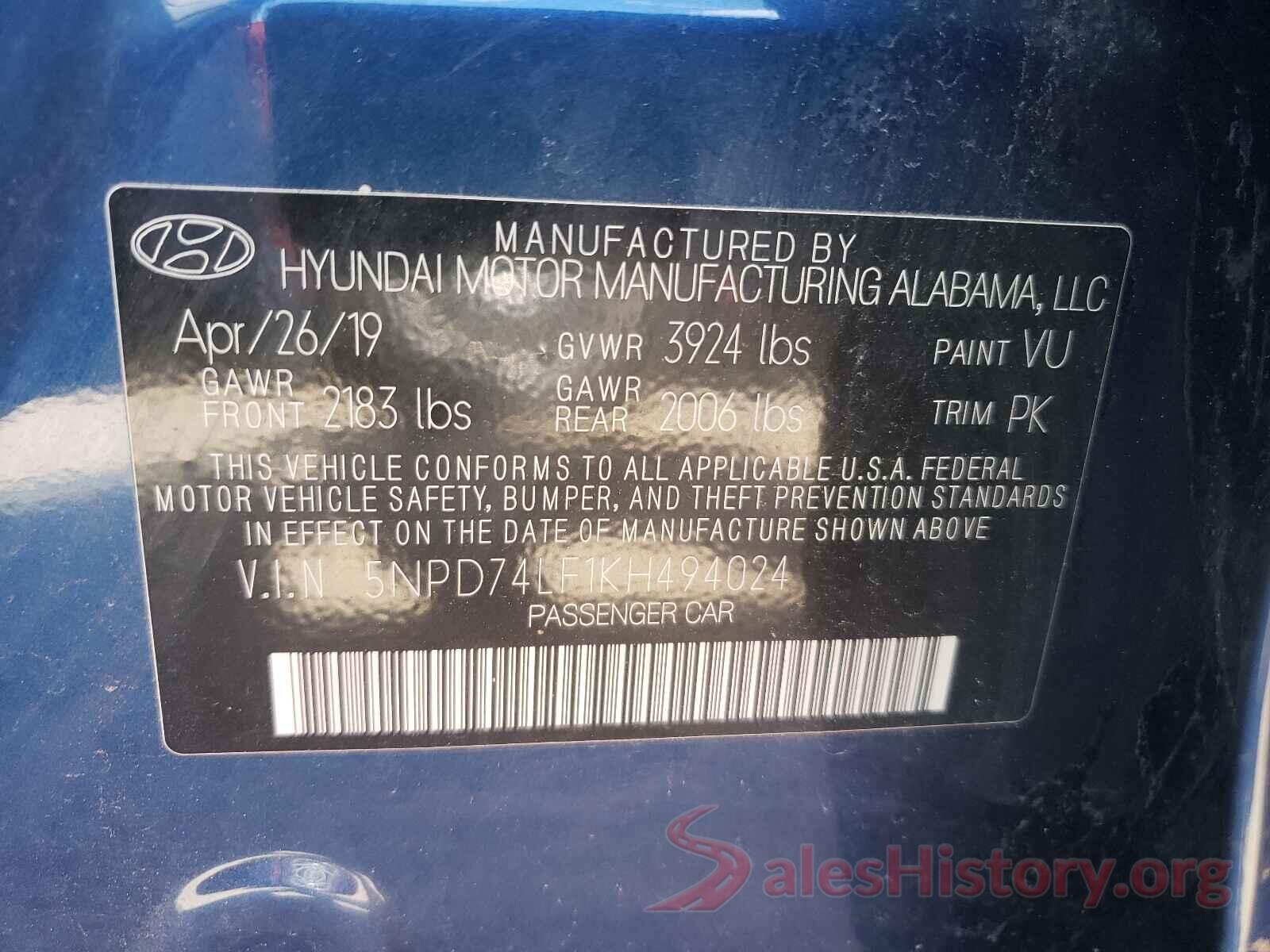 5NPD74LF1KH494024 2019 HYUNDAI ELANTRA