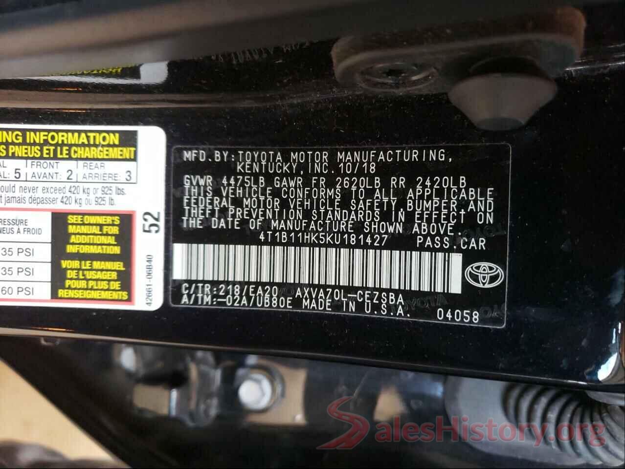 4T1B11HK5KU181427 2019 TOYOTA CAMRY