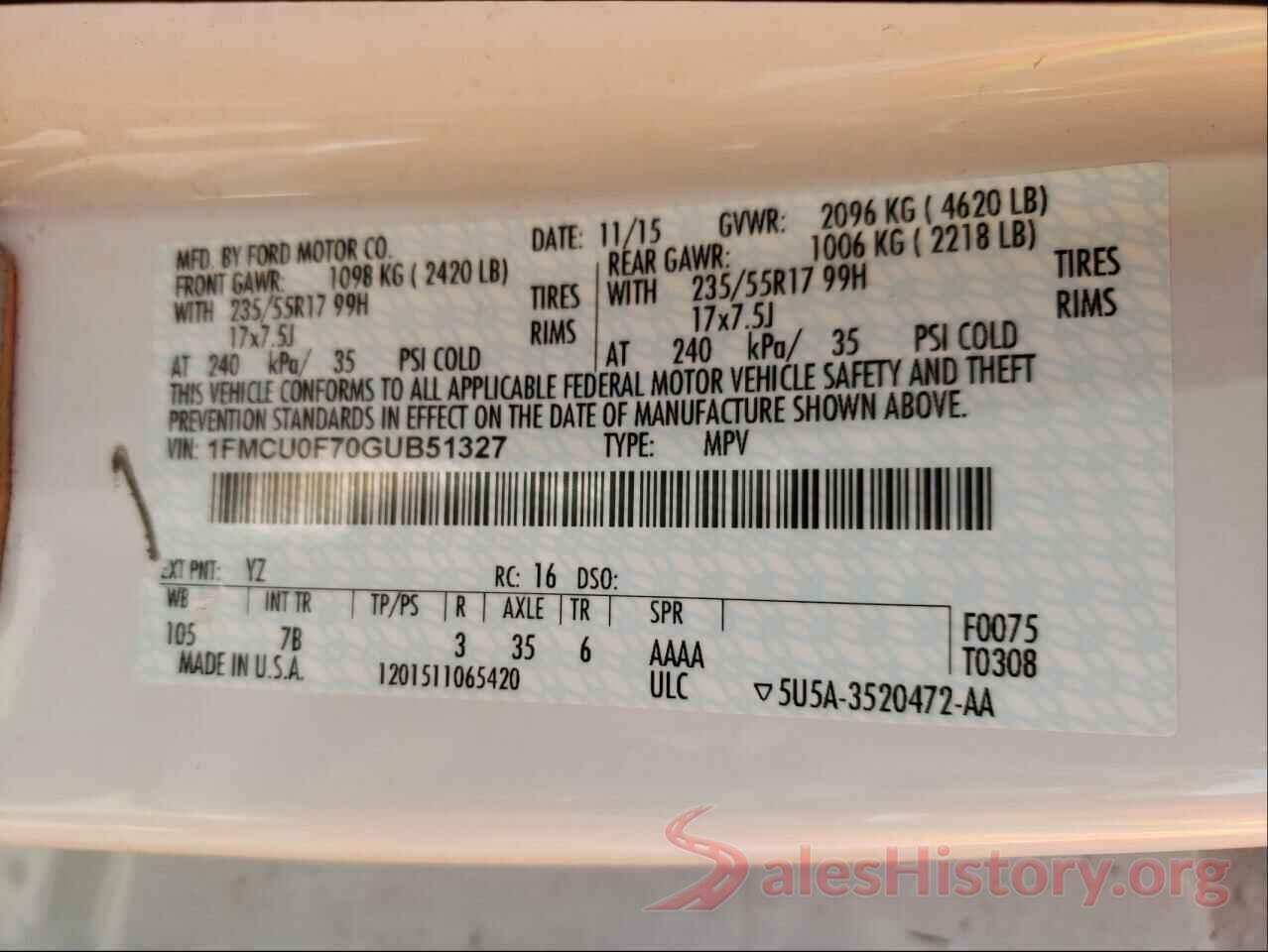 1FMCU0F70GUB51327 2016 FORD ESCAPE