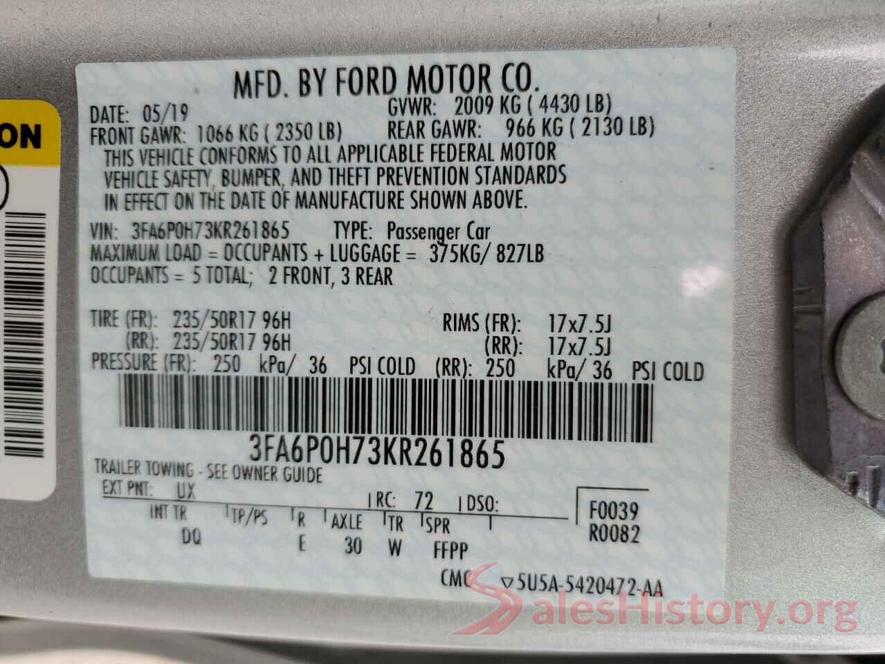 3FA6P0H73KR261865 2019 FORD FUSION