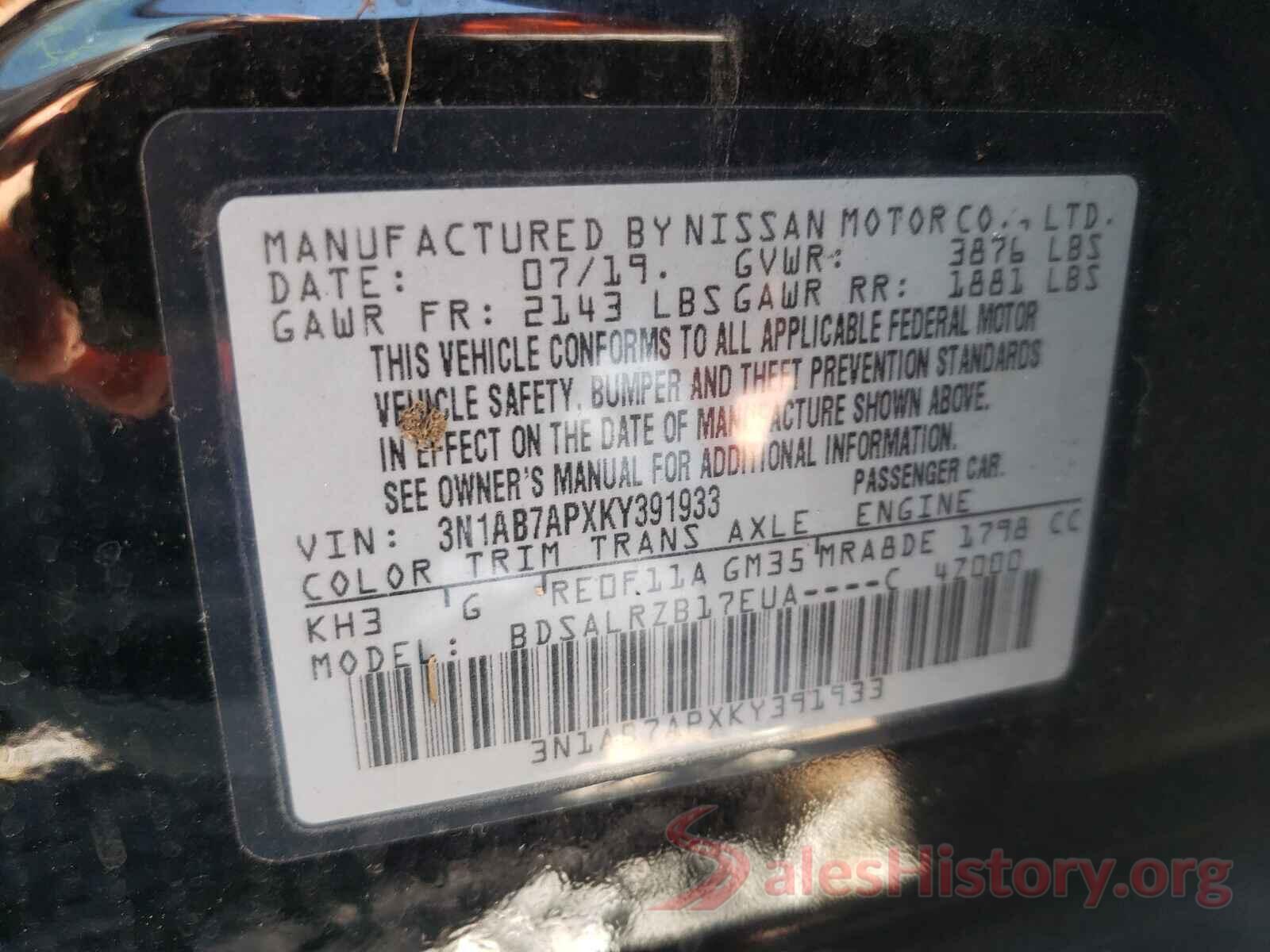 3N1AB7APXKY391933 2019 NISSAN SENTRA