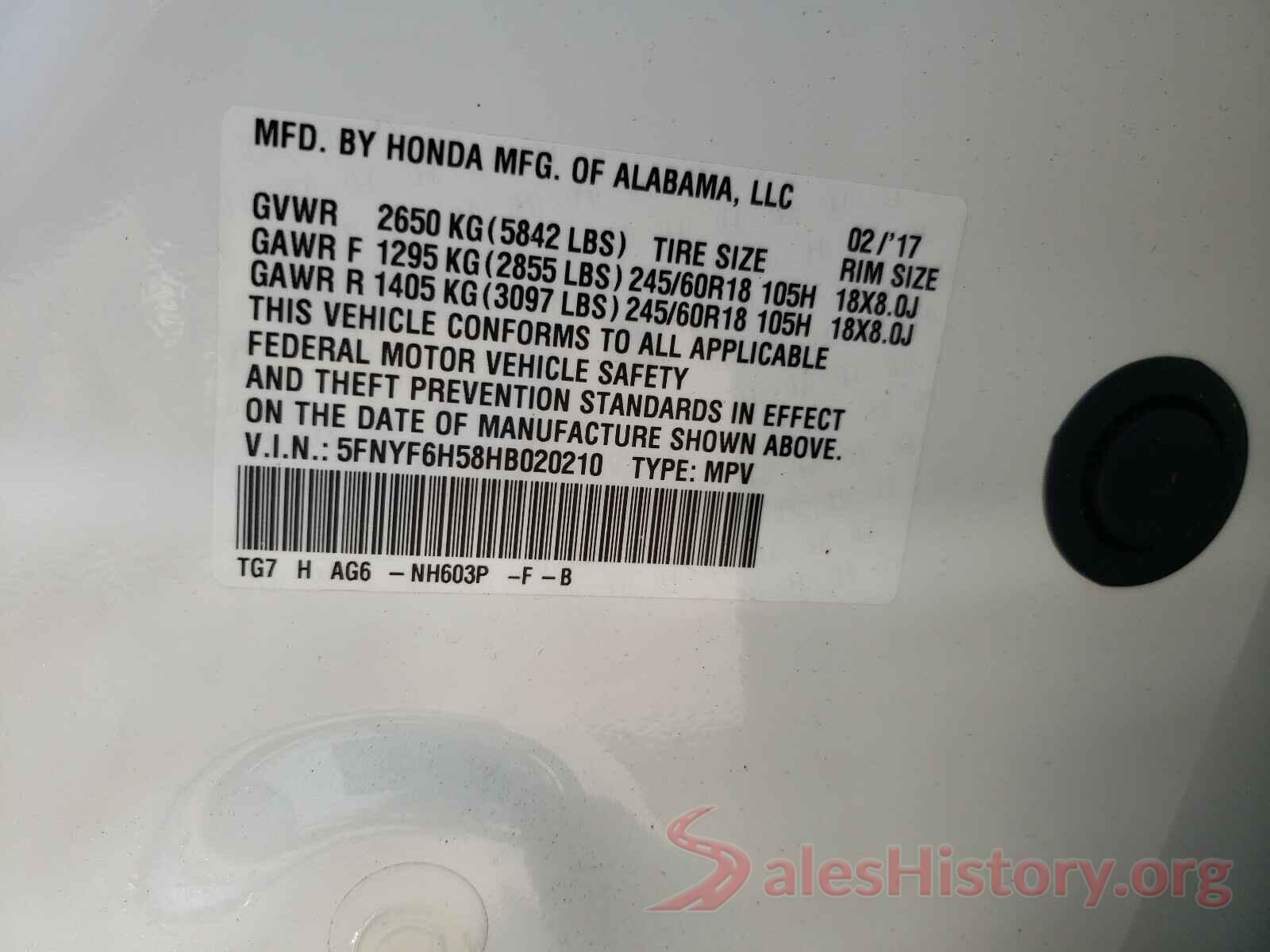 5FNYF6H58HB020210 2017 HONDA PILOT