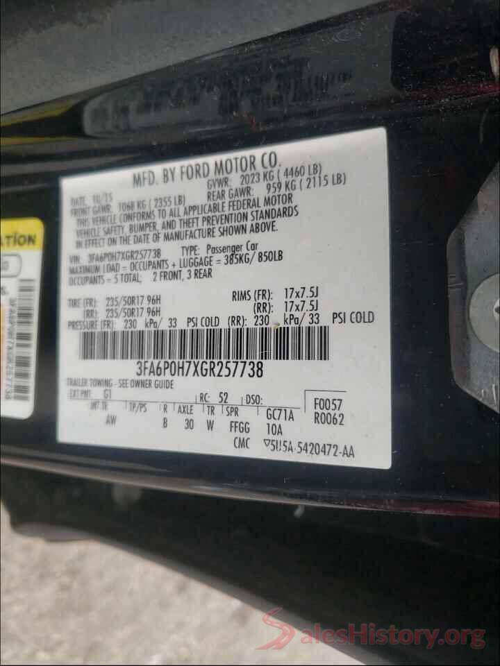 3FA6P0H7XGR257738 2016 FORD FUSION