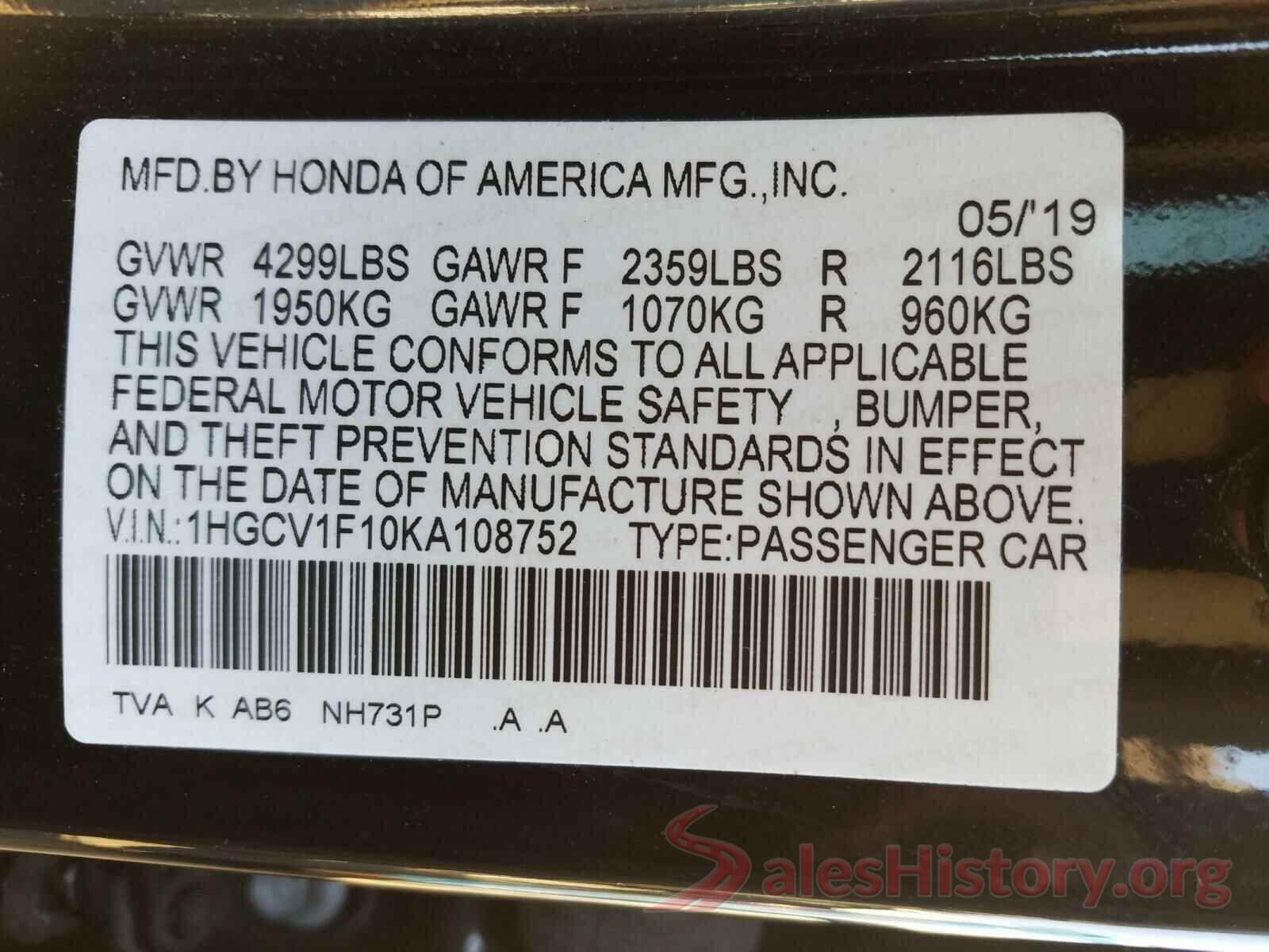 1HGCV1F10KA108752 2019 HONDA ACCORD