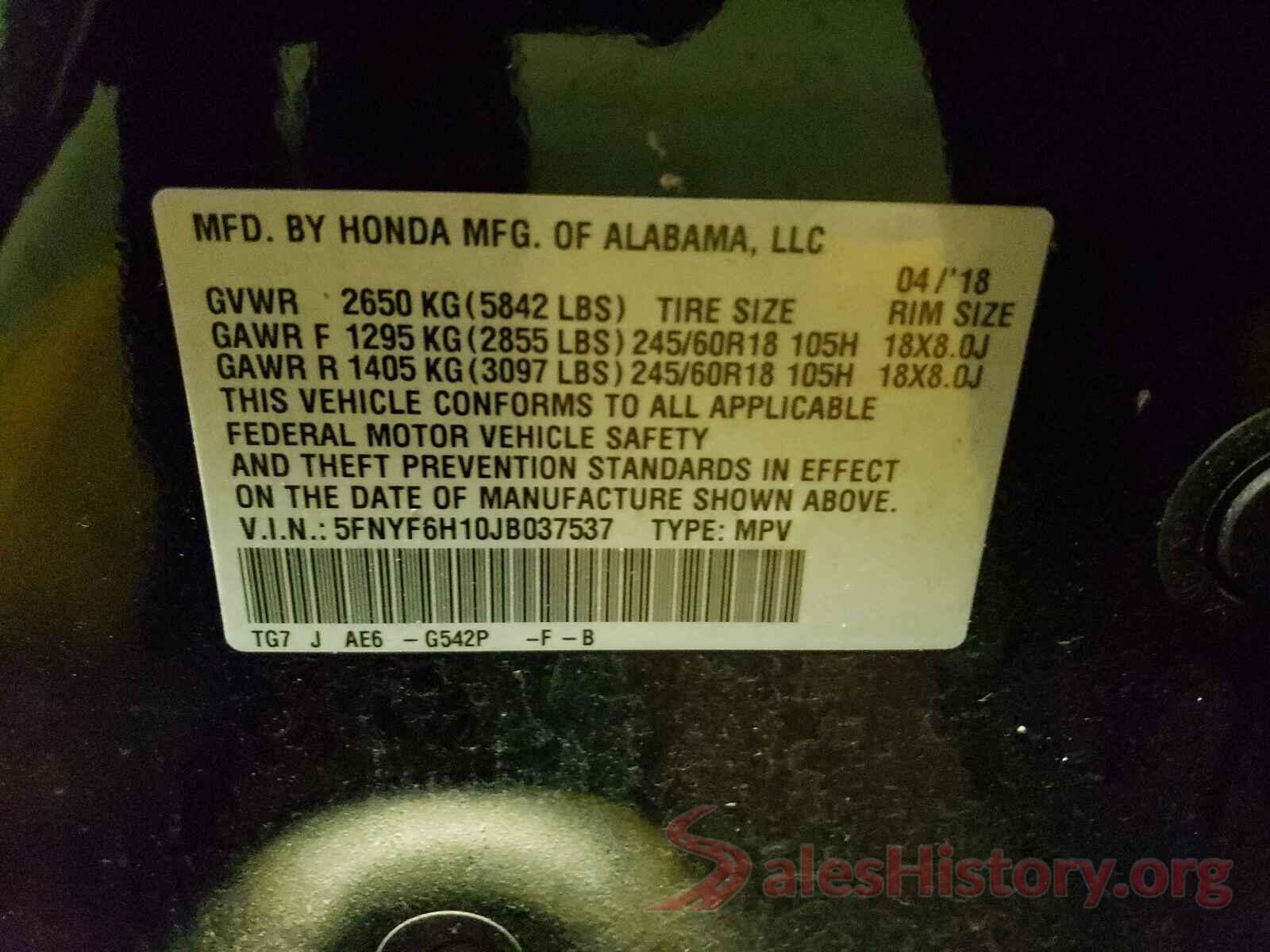 5FNYF6H10JB037537 2018 HONDA PILOT