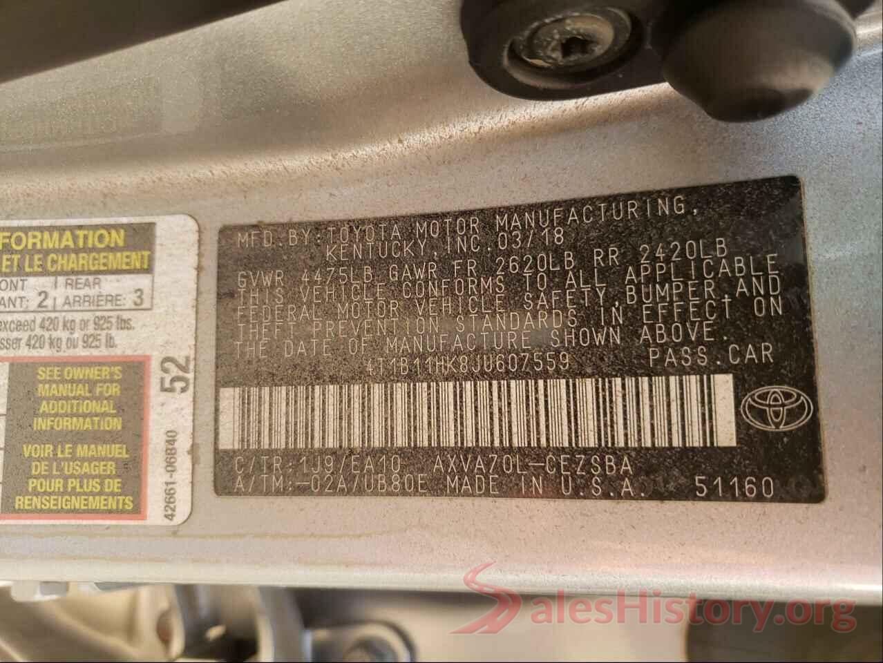 4T1B11HK8JU607559 2018 TOYOTA CAMRY