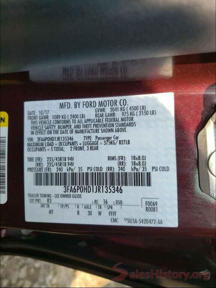 3FA6P0HD1JR135346 2018 FORD FUSION