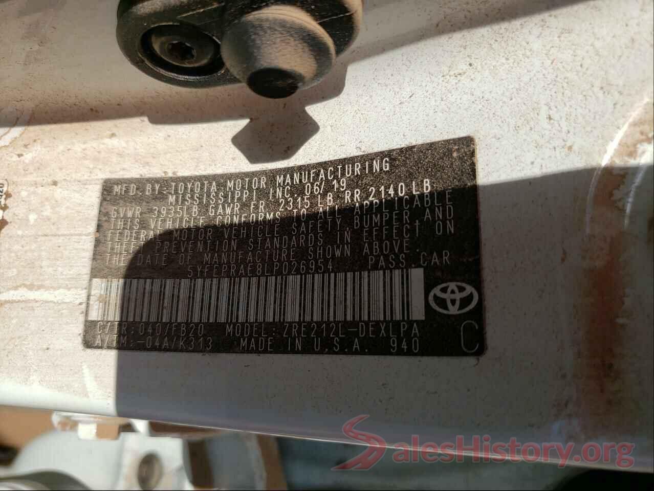 5YFEPRAE8LP026954 2020 TOYOTA COROLLA