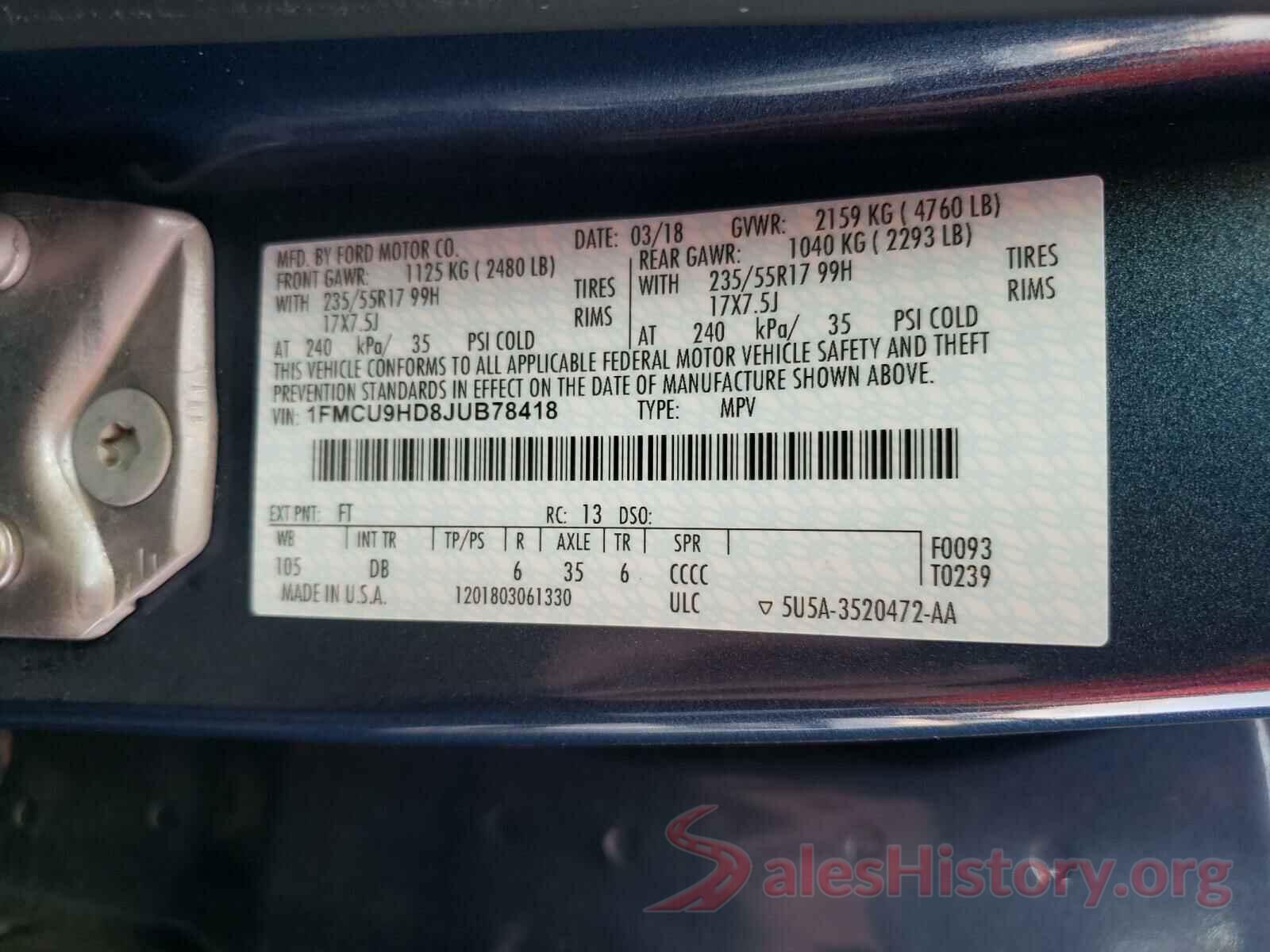 1FMCU9HD8JUB78418 2018 FORD ESCAPE