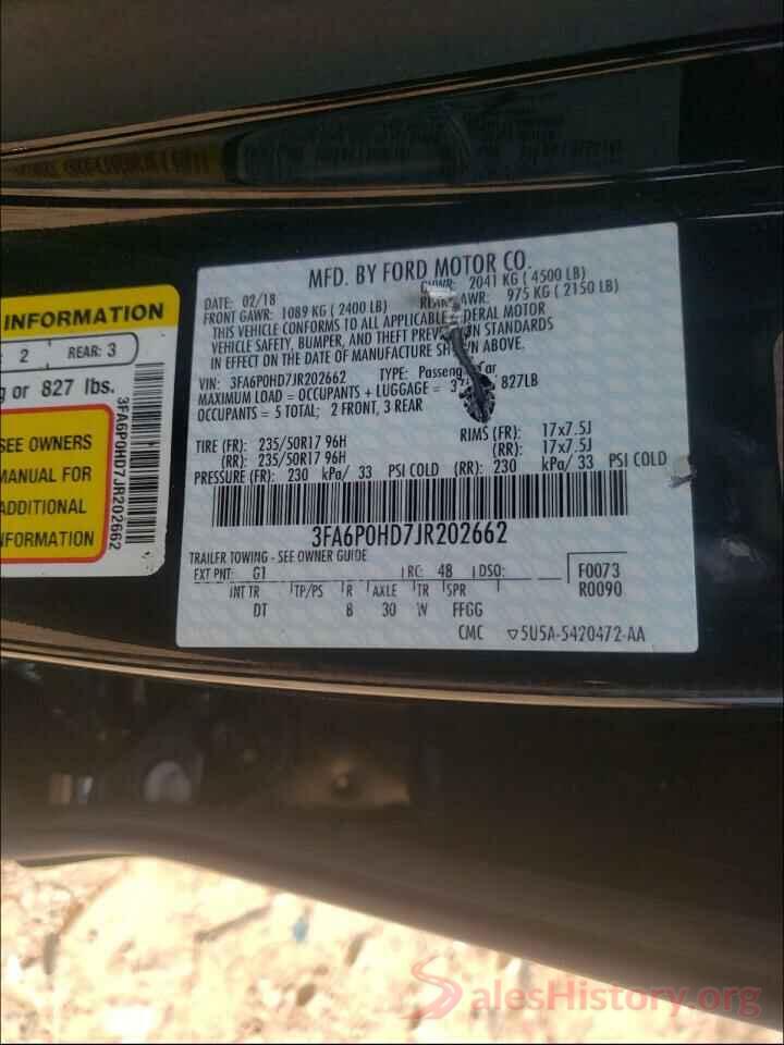 3FA6P0HD7JR202662 2018 FORD FUSION