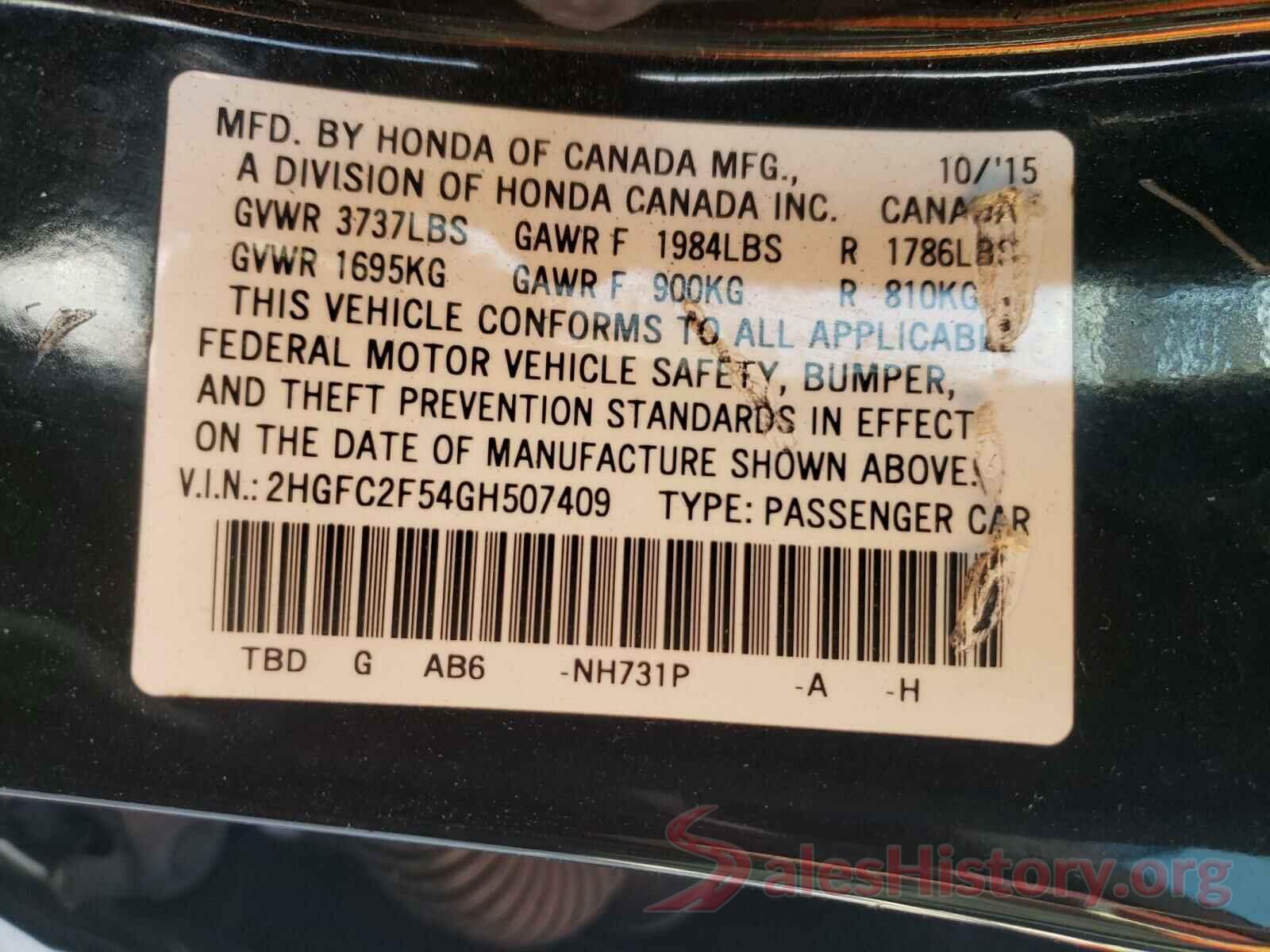 2HGFC2F54GH507409 2016 HONDA CIVIC