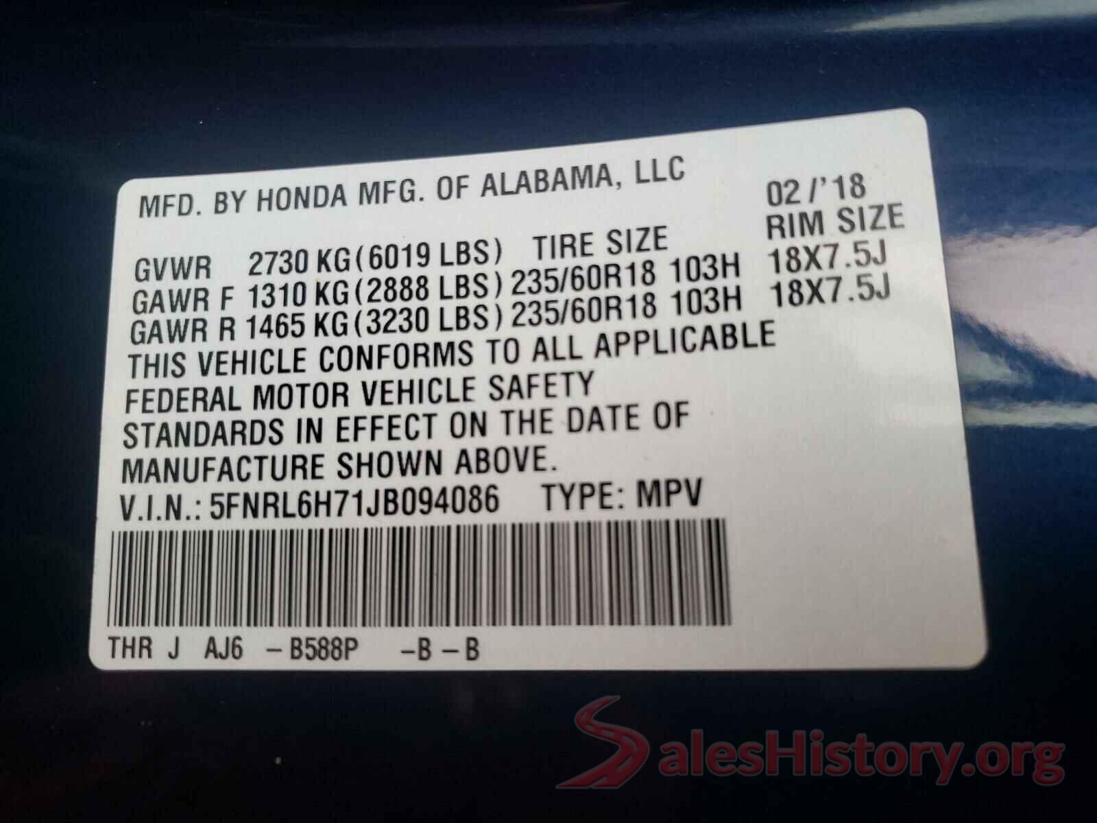 5FNRL6H71JB094086 2018 HONDA ODYSSEY