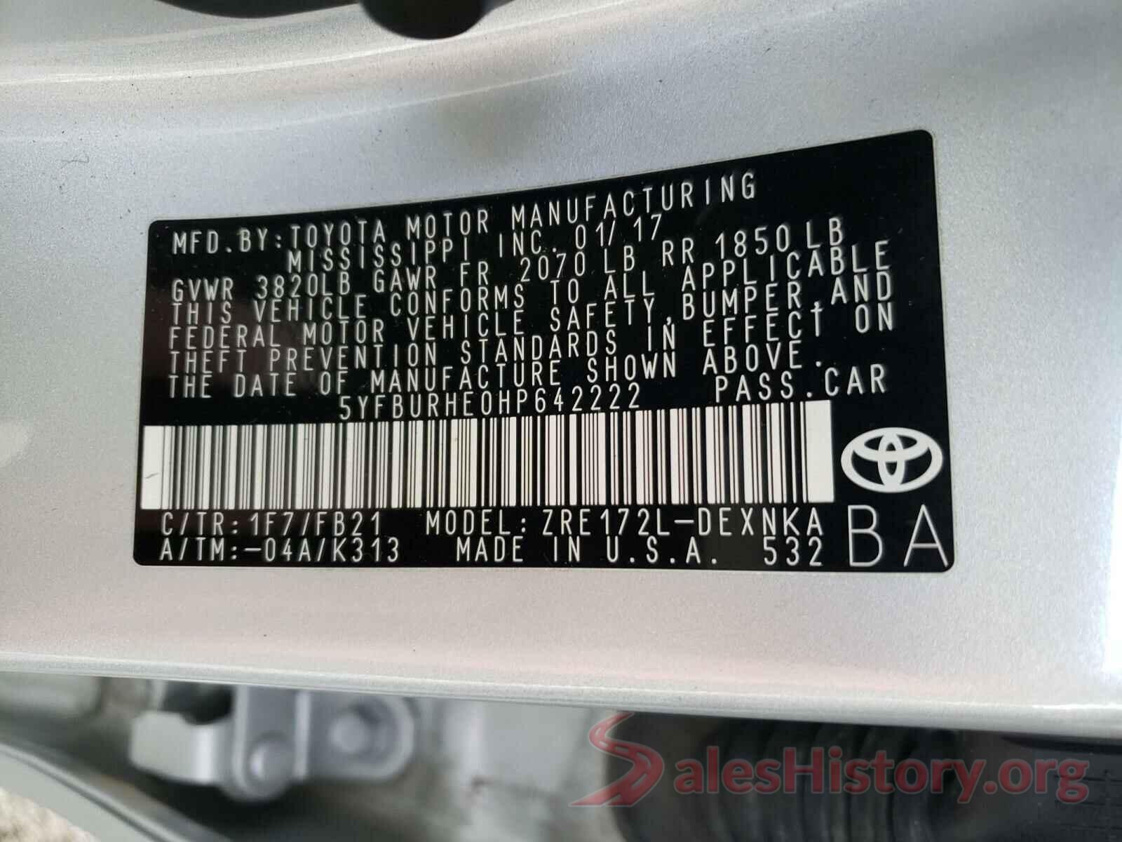 5YFBURHE0HP642222 2017 TOYOTA COROLLA