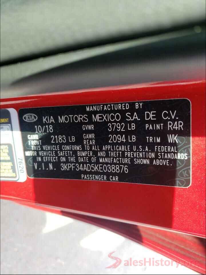 3KPF34AD5KE038876 2019 KIA FORTE