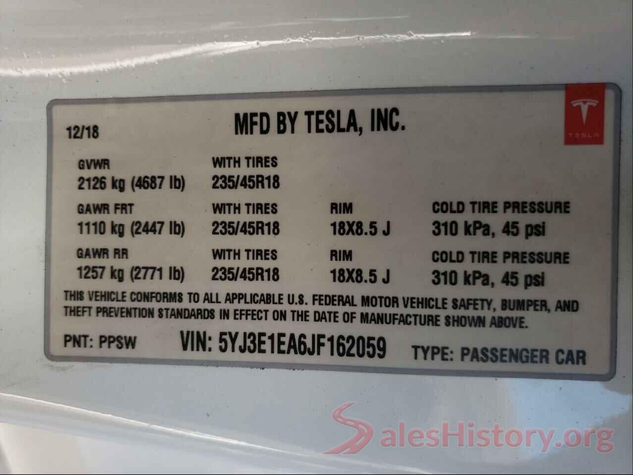 5YJ3E1EA6JF162059 2018 TESLA MODEL 3