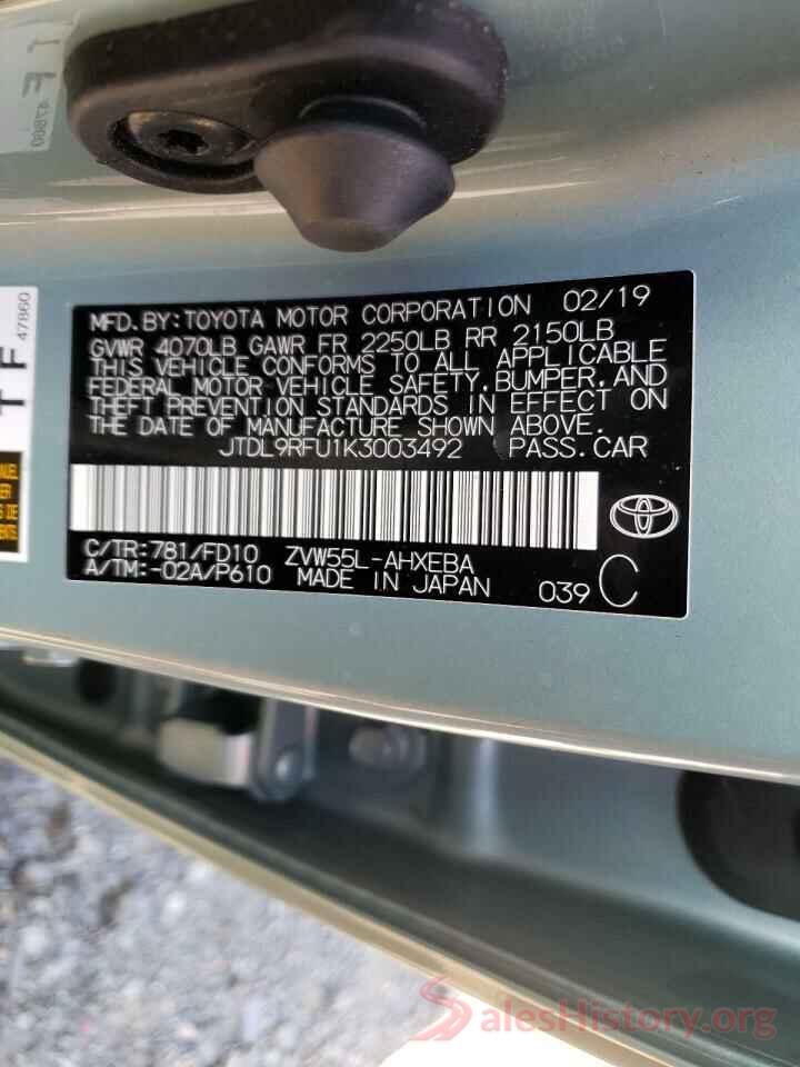 JTDL9RFU1K3003492 2019 TOYOTA PRIUS