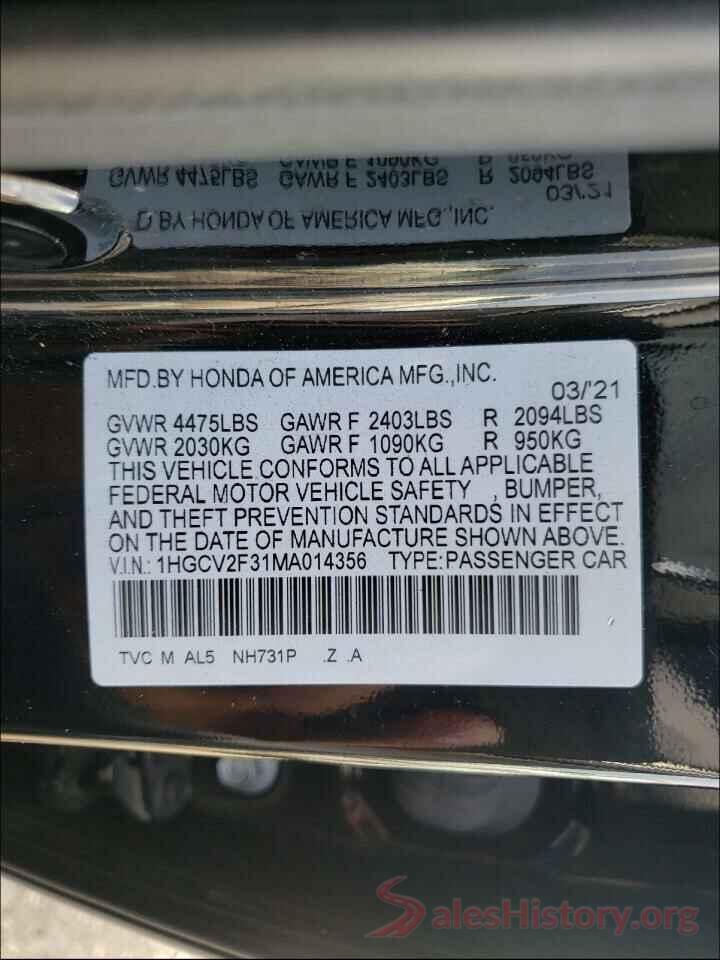 1HGCV2F31MA014356 2021 HONDA ACCORD