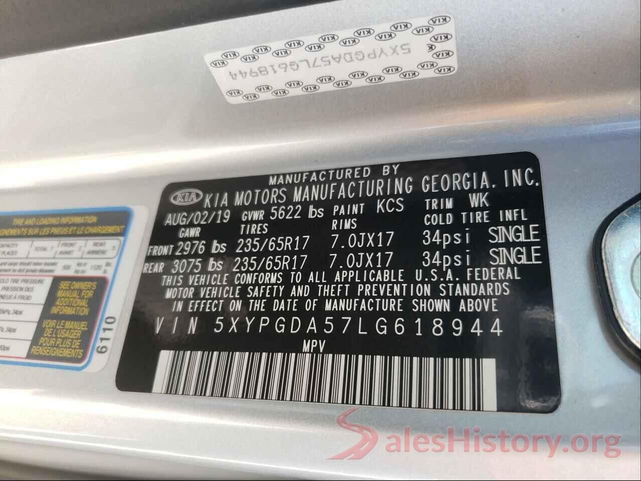 5XYPGDA57LG618944 2020 KIA SORENTO