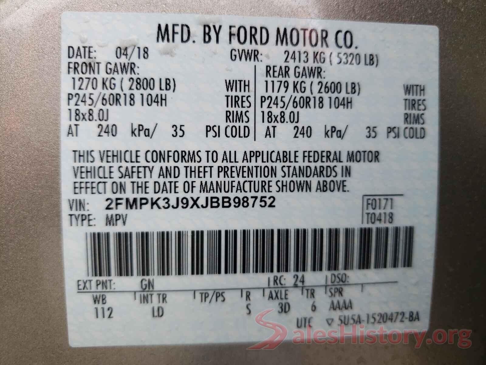 2FMPK3J9XJBB98752 2018 FORD EDGE