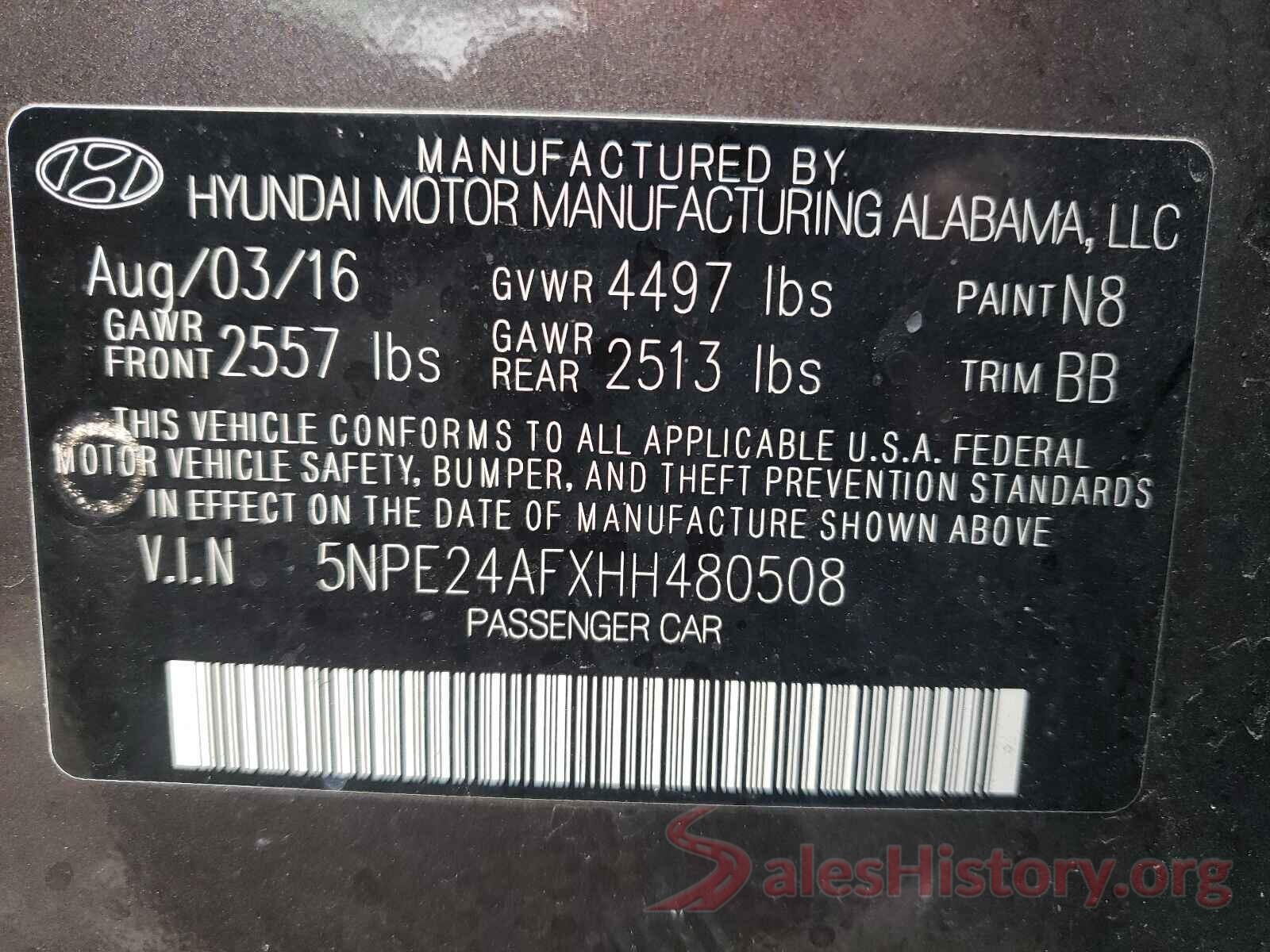 5NPE24AFXHH480508 2017 HYUNDAI SONATA