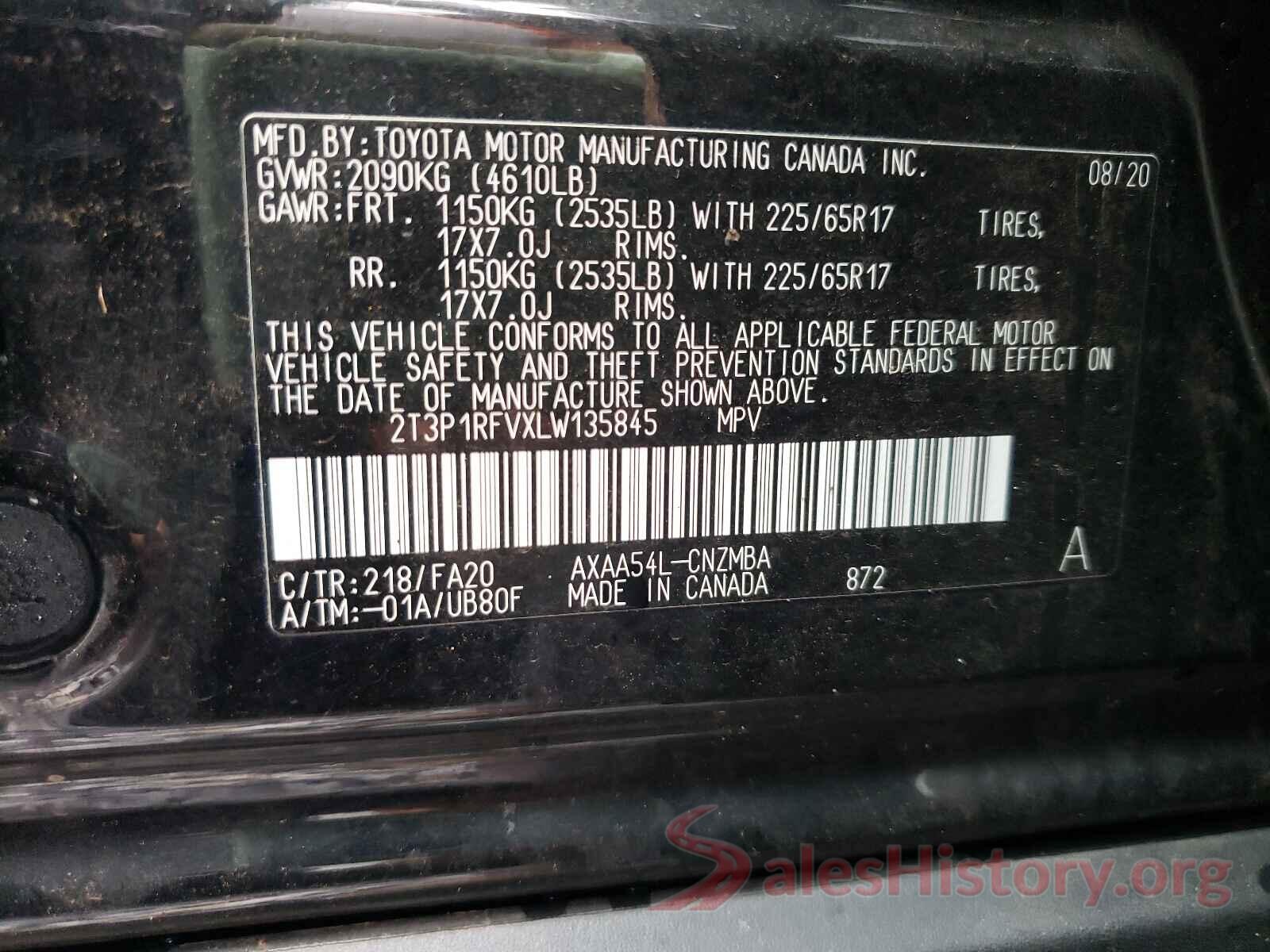 2T3P1RFVXLW135845 2020 TOYOTA RAV4