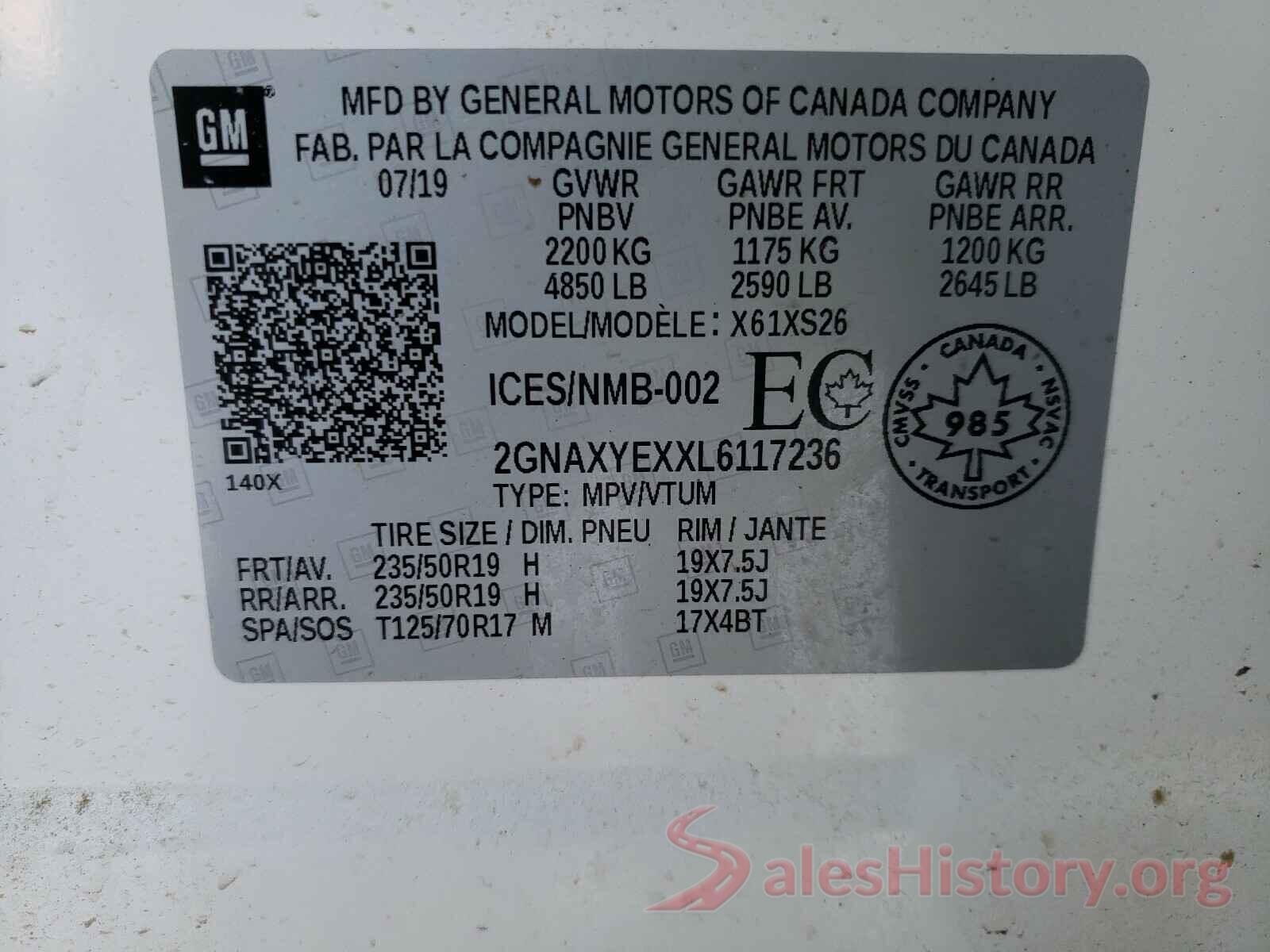 2GNAXYEXXL6117236 2020 CHEVROLET EQUINOX