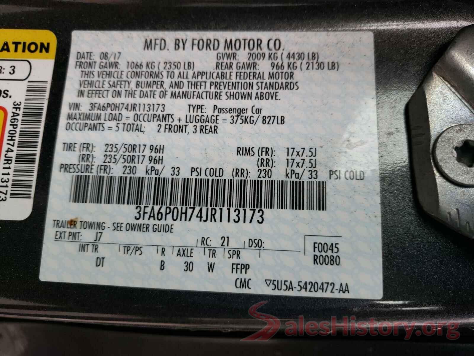 3FA6P0H74JR113173 2018 FORD FUSION