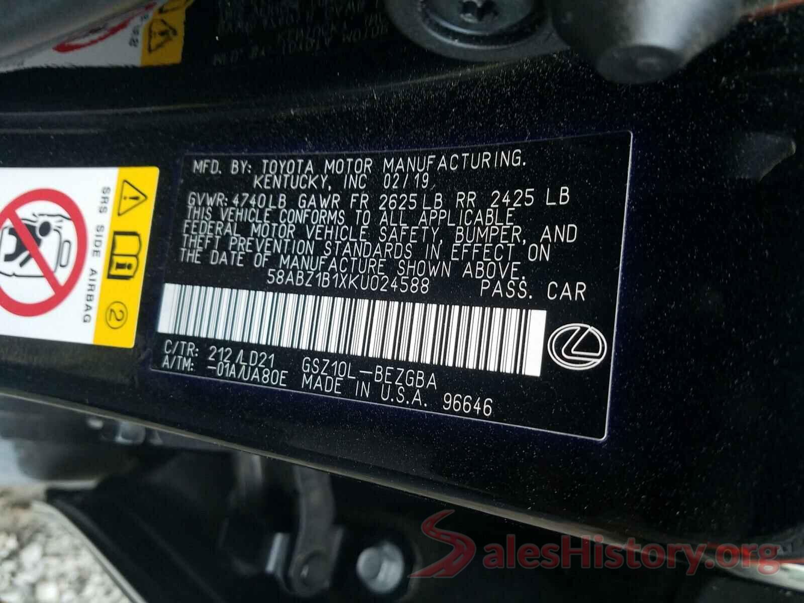 58ABZ1B1XKU024588 2019 LEXUS ES350