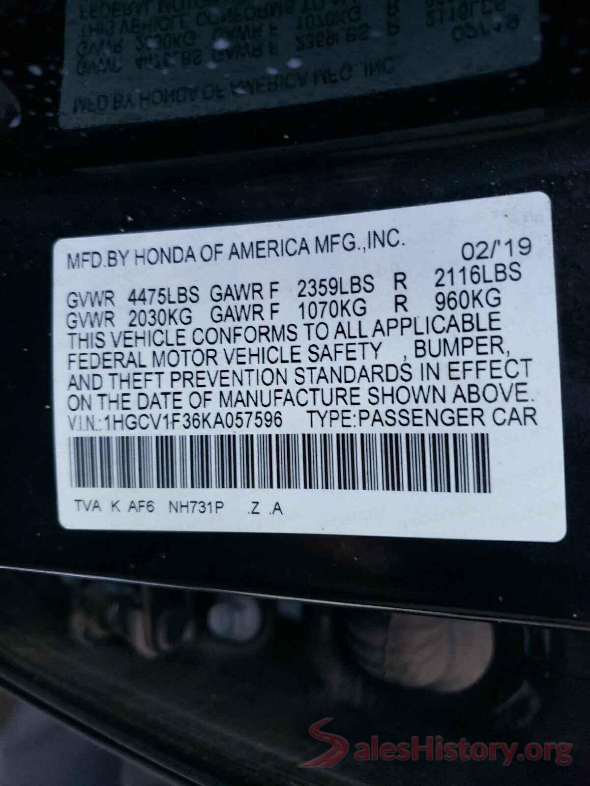 1HGCV1F36KA057596 2019 HONDA ACCORD