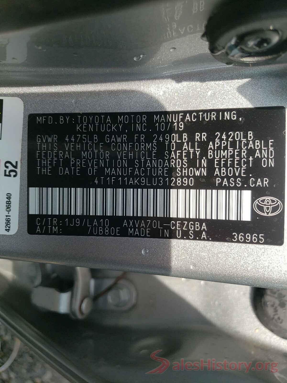 4T1F11AK9LU312890 2020 TOYOTA CAMRY