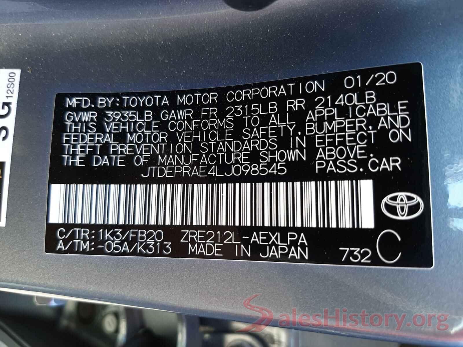 JTDEPRAE4LJ098545 2020 TOYOTA COROLLA