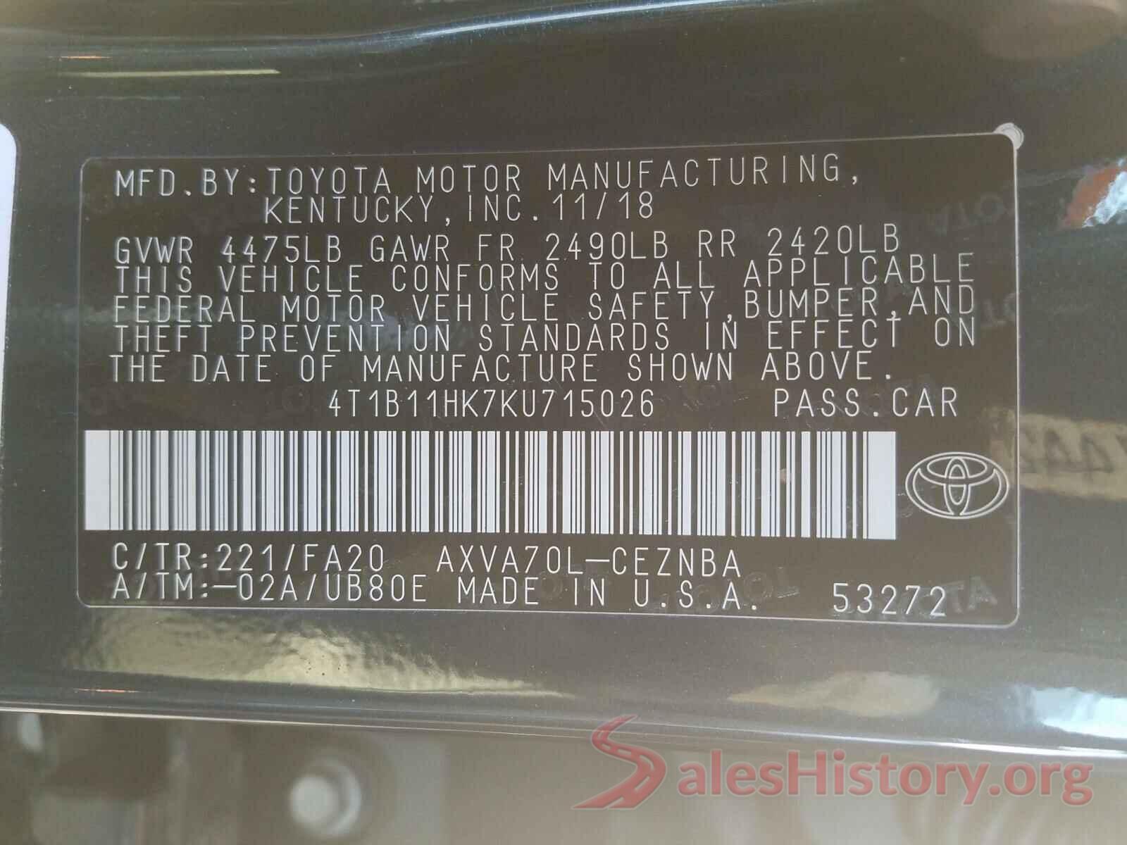 4T1B11HK7KU715026 2019 TOYOTA CAMRY