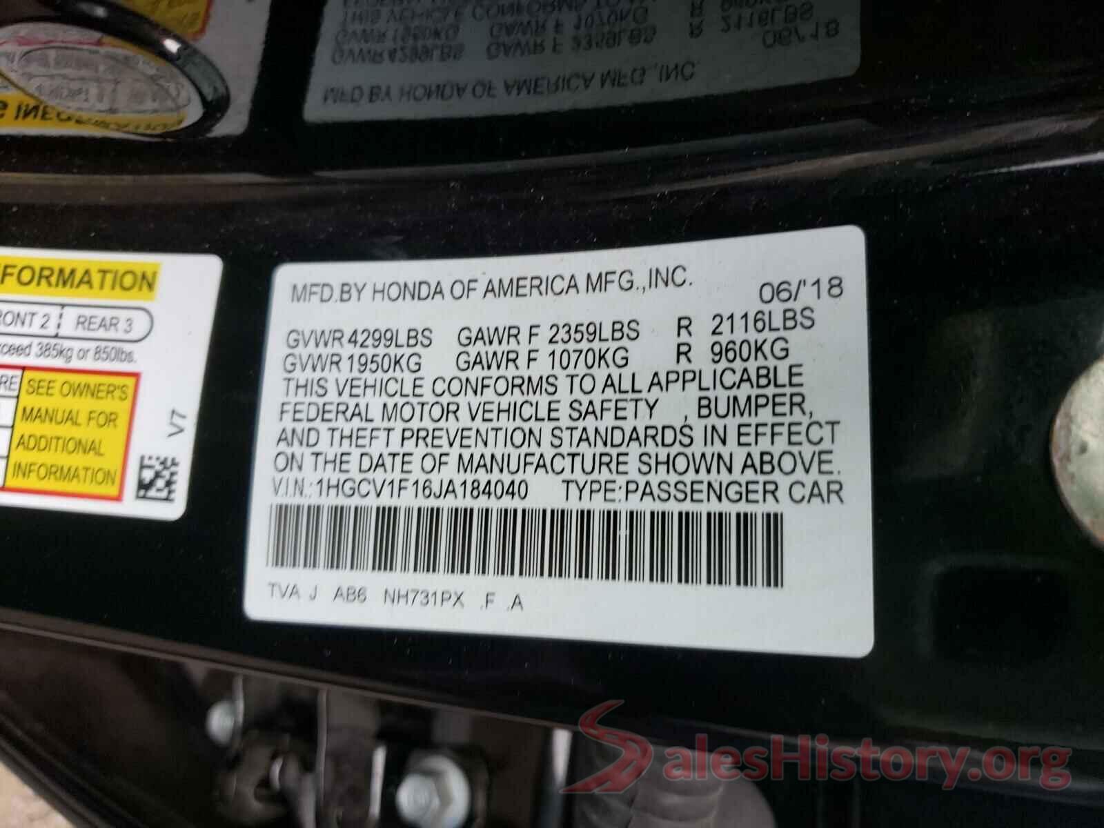 1HGCV1F16JA184040 2018 HONDA ACCORD