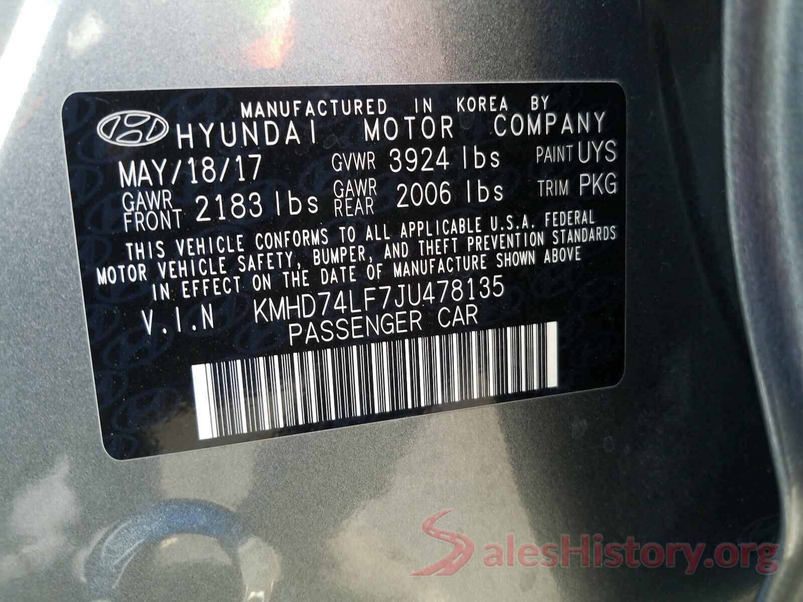 KMHD74LF7JU478135 2018 HYUNDAI ELANTRA